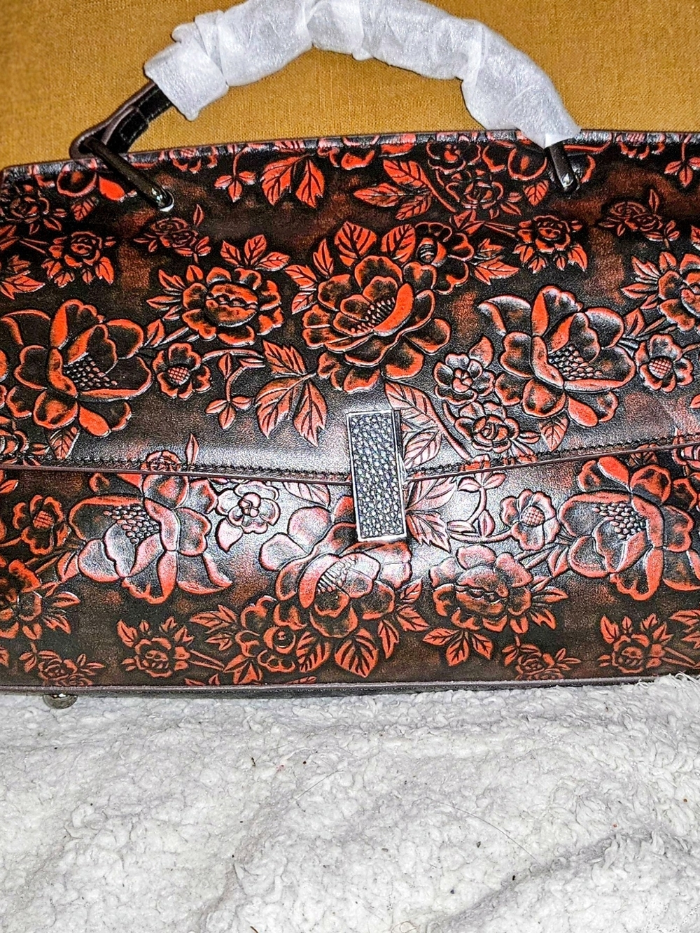 Accessory Collective Embossed Floral Satchel in Black and Orange